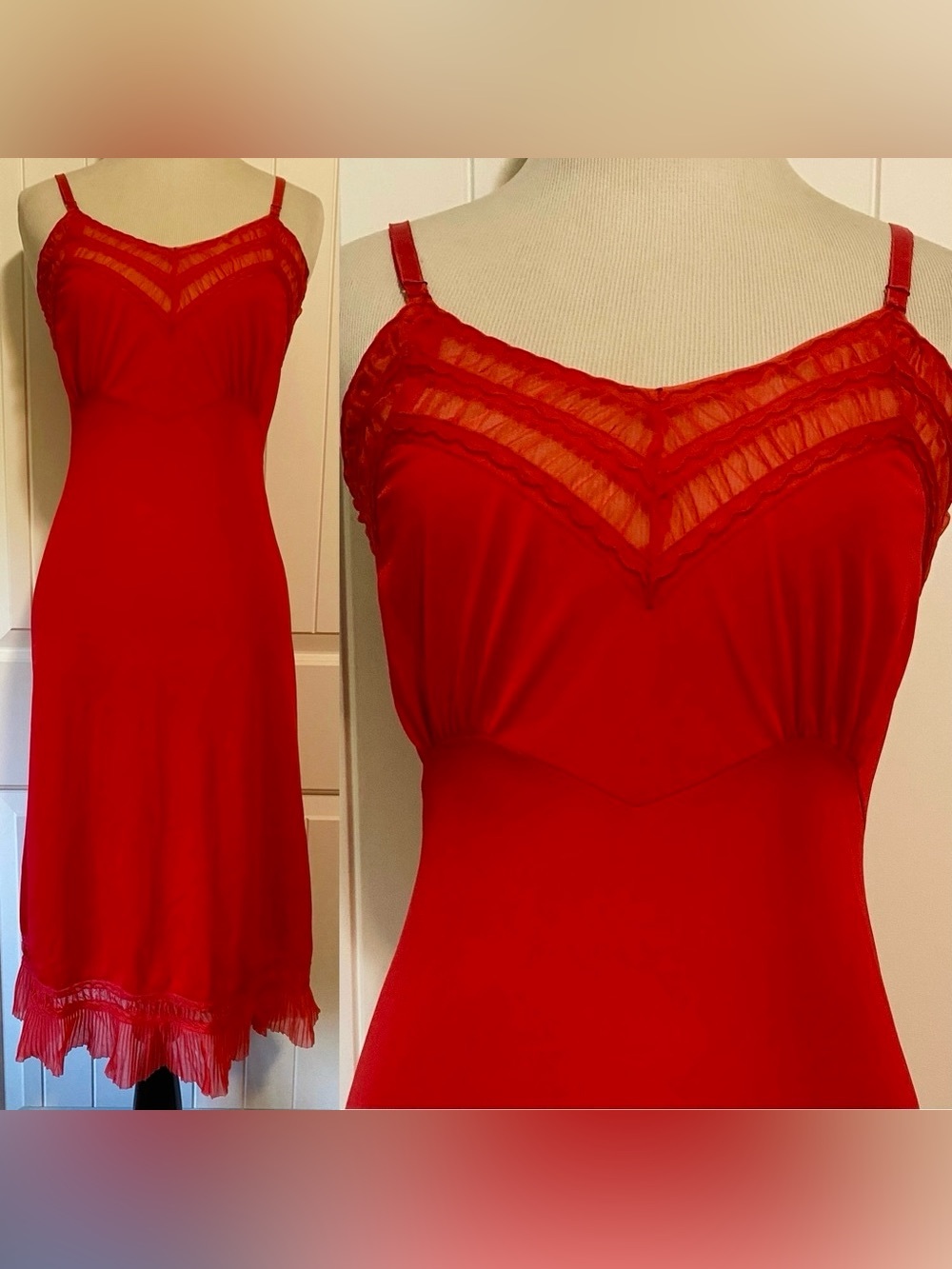 Red Vintage Dress Slip, 1960s Red Accordion Pleat Trim Lingerie Sz Small